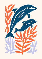 Underwater sea dolphins vector illustration. Minimalist retro poster design with ocean creature, seaweeds, corals