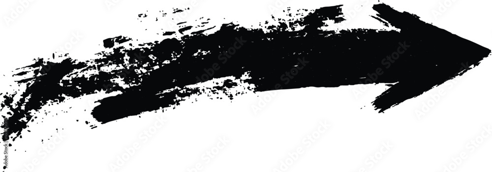 Poster Black arrow painted with splashes isolated on white background. Black arrow marker isolated with a hand-drawn effect on a white background. 