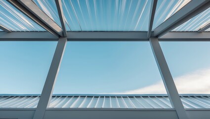 Obraz premium View of a modern architectural structure with glass and metal elements, showcasing the sky through the open spaces, emphasizing contemporary design and construction.