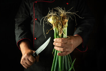 A skilled chef holds fresh green onions in one hand and a sharp knife in the other, ready to...