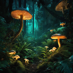 Medium Shot of Bio-luminescent Jungle in Film Photography Style