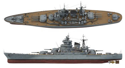Detailed Battleship Illustration: Top and Side Views, Isolated on White