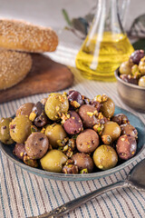 Kalamata Greek olives with a pistachio tossing.
Tasty green and dark olives full of good fatty acids.
