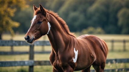 Obraz premium Brown horse with white markings in a green pasture. Livestock and animals, nature and wildlife, rural landscape. The concept of equine and pastoral life.