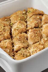 Baklava Turkish layered pastry dessert. 
A classic Ottoman delicacy made of filo pastry filled with nuts and sweetened with honey.