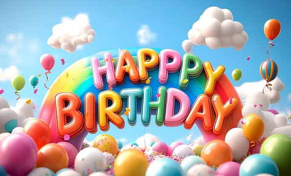 Colorful balloons floating on a rainbow with happy birthday message and blue sky create a cheerful celebration atmosphere