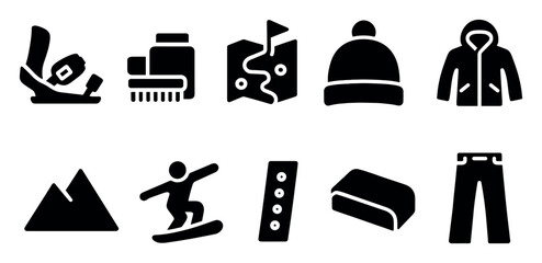 Winter adventure solid icon set. skiing, snowboarding, equipment icons solid style
