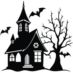 Spooky Haunted House Silhouette with Crooked Roof and Bats