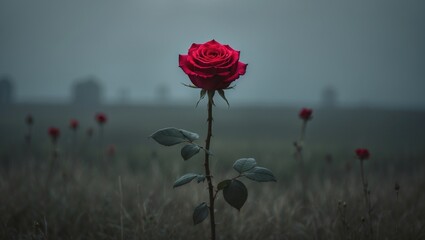 Obraz premium A single red rose in a field with other roses and a foggy background. Nature and floral, concept. Beauty and solitude. The theme of resilience and hope.