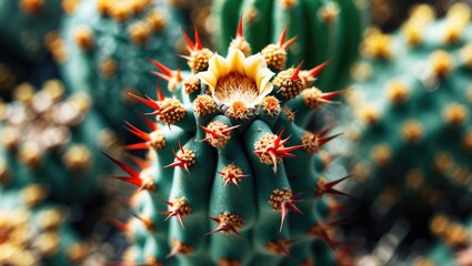 Fototapeta premium Close-up of a cactus with spines and a yellow flower, emphasizing the plant's texture and details.