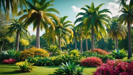 Tropical garden with palm trees, lush plants, and colorful flowers under a bright blue sky.