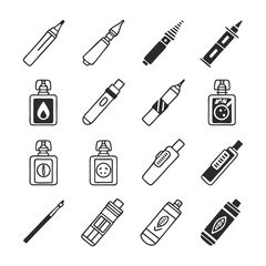 Electronic Cigarette and Vape Vector Icon Set | Black Silhouette Line Icons | Editable Stroke | Vape Pen, E-Cigarette, Liquid Refill, Vaporizer, Smoke, Battery, Atomizer, and Pod System Icons