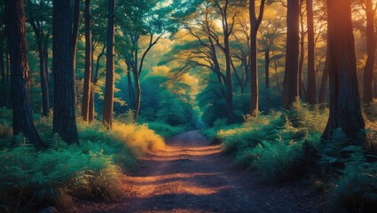 Obraz premium A forest path during sunset with tall trees, lush greenery, and warm sunlight filtering through the leaves. Nature, tranquility, and wilderness scene.