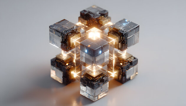 A modular quantum processor sculpture with geometric blocks interlinked by light beams, sleek design, photorealistic render, isolated on white