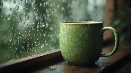 Rainy Day Window View with Green Mug and Fog