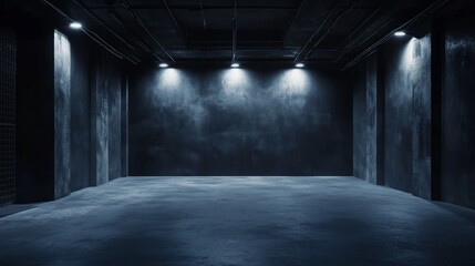 Dark industrial interior, spacious concrete space