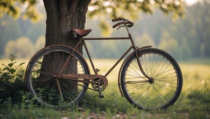 Fototapeta premium Old bicycle resting among trees in a natural setting with a blurred green background.