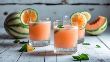 Fototapeta premium Refreshing watermelon and citrus juice served in glasses with slices of lemon and watermelon, garnished with mint leaves.