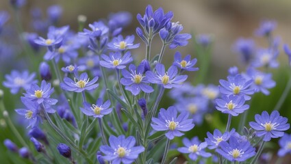 Fototapeta premium Cluster of purple flowers with yellow centers in a garden. Beautiful blooming flowers, vibrant colors, and natural setting.
