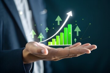 Businessman holding a glowing upward trending financial graph and arrows