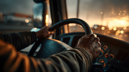Driver's Hands on Steering Wheel of Semi Truck at Sunset, Representing Transportation and Logistics