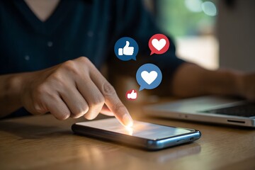 Person interacting with smartphone showing social media likes and hearts