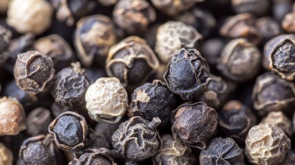 Close-up shot of mixed peppercorns, showcasing their texture and color variations.