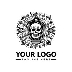 Ornate skull logo design, encased in a coffin, surrounded by swords and symbolic elements.