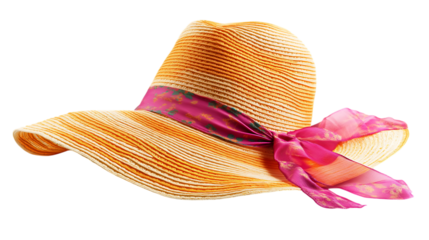 straw hat with pink flower on white background 