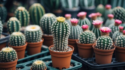 Collection of potted cacti and succulents in a greenhouse or nursery setting. Plant cultivation and gardening concept. Cactus and succulent plants. The concept of plant care and horticulture.