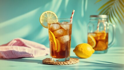 Fototapeta premium A cold lemonade drink with ice, lemon slices, and a straw, placed on a woven coaster beside a whole lemon and a jar of infused lemon water, with a vibrant background.