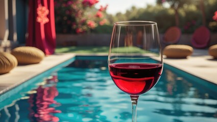 A glass of red wine in front of a swimming pool with poolside chairs and blurred greenery and roses in the background.