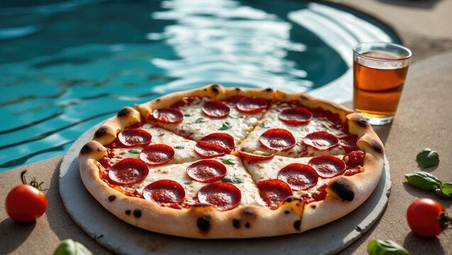 Pizza with pepperoni and cheese near a pool, accompanied by a glass of beer and fresh vegetables on a sunny day.