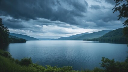 Obraz premium A serene lake surrounded by lush green hills under a cloudy sky.