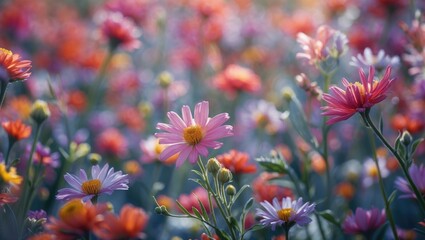 A colorful field of flowers with pink, purple, orange, and white blooms in soft focus.