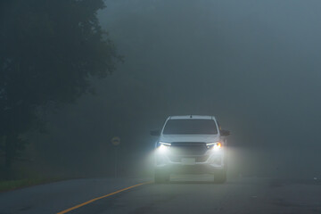 A car with light on the road and fog in the morning time.The forest mist landscape and green forest...