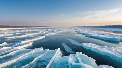 Open water and ice floes in a frozen river or lake during winter.