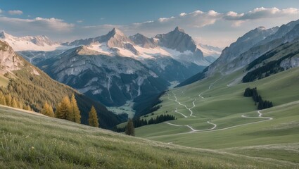Scenic mountain landscape with snow-capped peaks and lush green valleys. Alpine terrain and winding roads through the rolling hills. Majestic mountain range view.