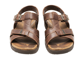 Isolated Pair of Worn Brown Leather Sandals with Buckles