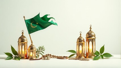 Golden Lanterns, Green Islamic Flag for Ramadan