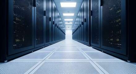 Long dark server room corridor with rows of computer racks data center
