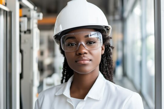 Black female architect with smart goggles at robotic wall-building site
