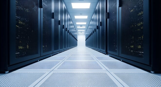 Long dark server room corridor with rows of computer racks data center