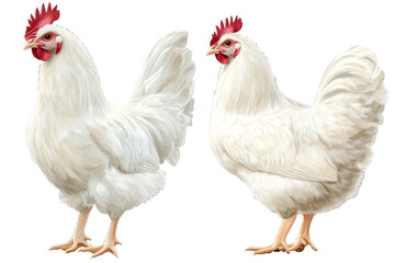 White chicken collection portrait showcasing two distinct stands of chickens with prominent feather detail, displayed against a neutral backdrop in a studio setting