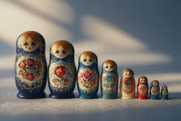Beautiful set of traditional nesting dolls arranged in a line on a textured surface