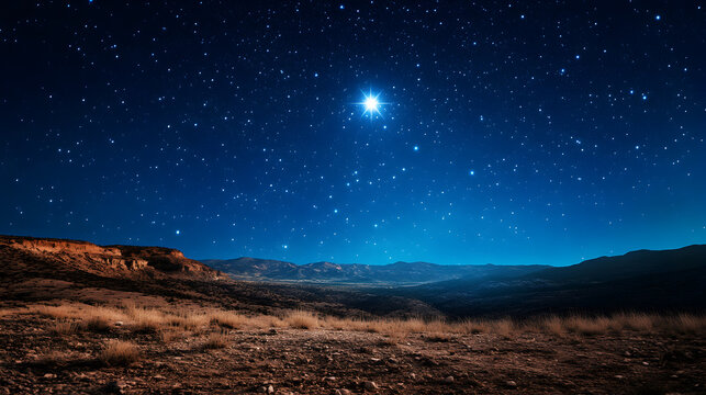 un paisaje al aire libre de noche con una estrella resplandeciente iluminando el cielo azul estrellado