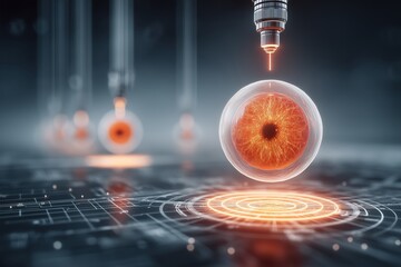 Detailed view of a retina detachment surgery process with advanced medical tools and techniques.