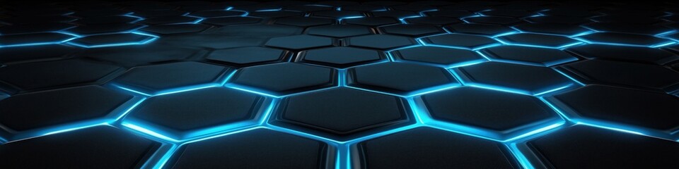 Digital hexagonal pattern with glowing blue lines on a dark surface, creating a futuristic look.