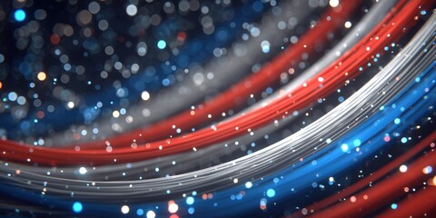 Vibrant abstract background with flowing red, white, and blue lines and sparkling lights.