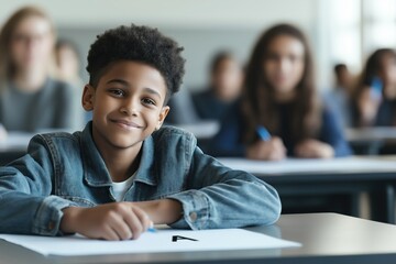 Happy child showing a smile while looking at his test paper with an 'A' grade.